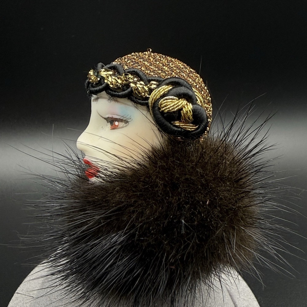 Deco Flapper Style Lady Face Brooch Mink Fur Collar Gold Metallic Cloche Red Lip